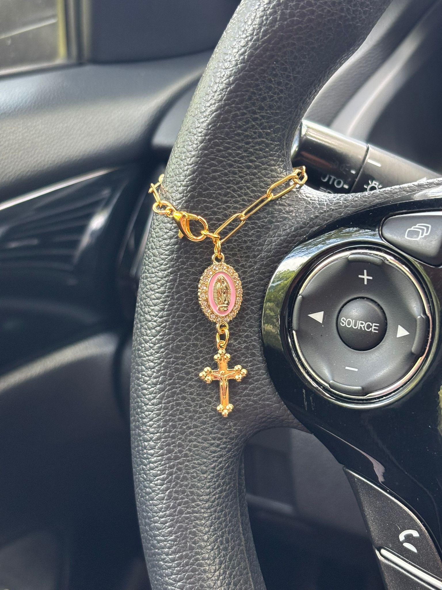 Pink Steering Wheel Rosary Charm Accessory | Rosary Car Charm Accessory | Virgin of Guadalupe | Car Charms | Car Blessings | Religious