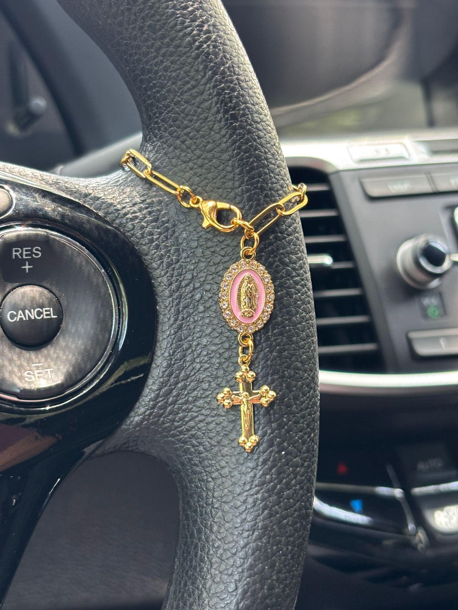 Pink Steering Wheel Rosary Charm Accessory | Rosary Car Charm Accessory | Virgin of Guadalupe | Car Charms | Car Blessings | Religious