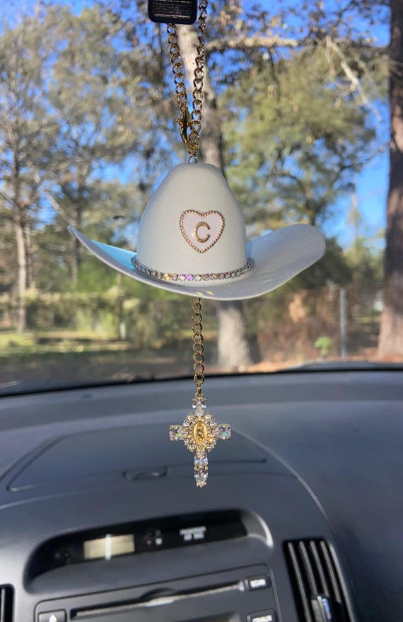 Cowboy Hat Car Rosary, Personalized Initial Car Charm, Virgin Mary Cross Rearview Mirror Decor, Western Catholic Gift, Cowgirl Car Decor