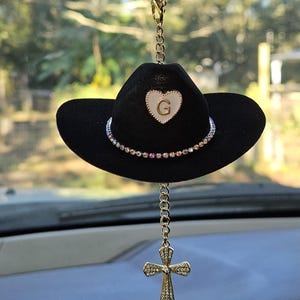 Cowboy Hat Car Rosary, Personalized Initial Car Charm, Virgin Mary Cross Rearview Mirror Decor, Western Catholic Gift, Cowgirl Car Decor image 2