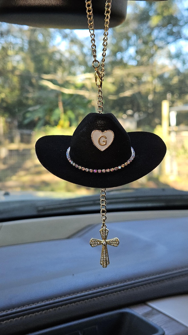 Cowboy Hat Car Rosary, Personalized Initial Car Charm, Virgin Mary Cross Rearview Mirror Decor, Western Catholic Gift, Cowgirl Car Decor image 2