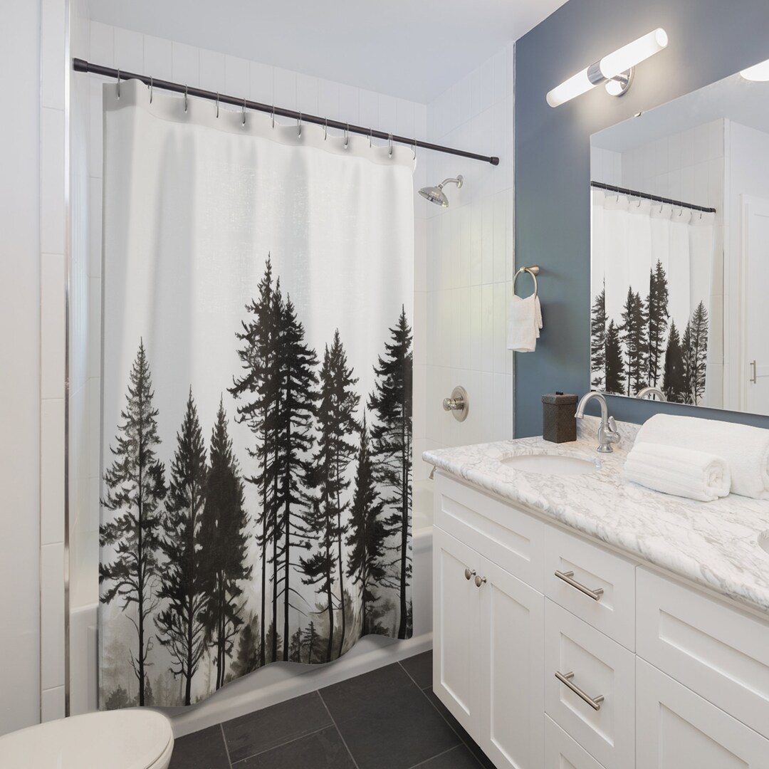 Pine Tree Silhouette Evergreen Shower Curtain Wilderness Etsy