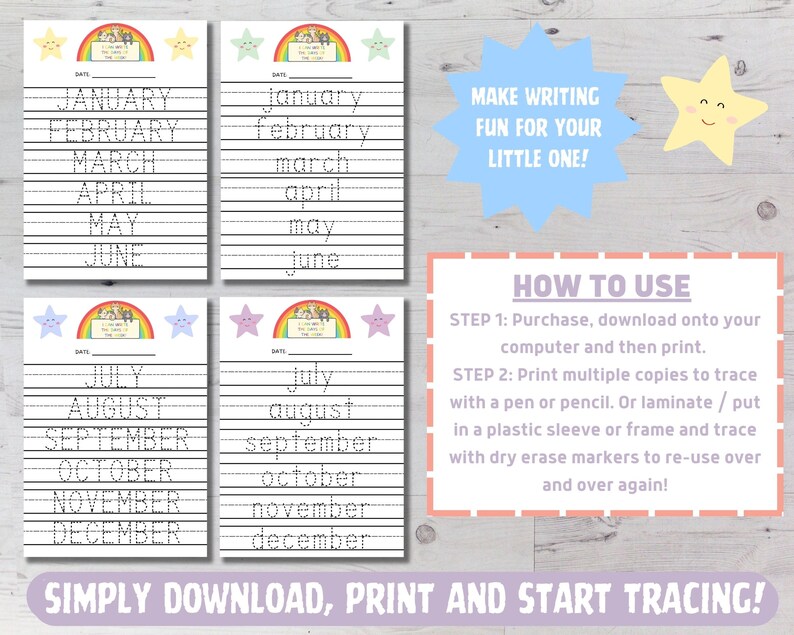 Months of the year printable worksheets tracing worksheets etsy
