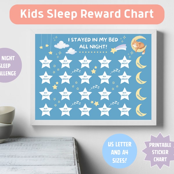 Printable Kids Sleep Reward Chart, Stay In Bed Sticker Chart, Toddler Sleep Challenge, Sleep Tracker, Bedtime Routine, Sleep Training Chart