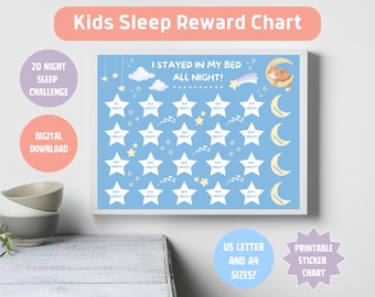 Printable Kids Sleep Reward Chart, Stay In Bed Sticker Chart, Toddler Sleep Challenge, Habit Tracker, Bedtime Routine, Digital Download