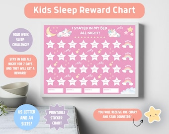 May include: A pink rectangular kids sleep reward chart featuring the text I STAYED IN MY BED ALL NIGHT, decorated with illustrations of sleeping unicorns, stars, moons, and rainbows. The chart includes rows of white stars for tracking progress.
