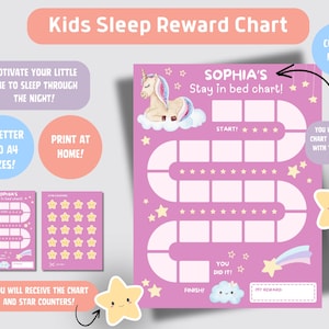 Puede incluir: Un gráfico de recompensa para dormir para niños de color rosa con una ilustración de unicornio. El gráfico incluye espacios para estrellas, el texto "SOPHIA'S Stay in bed chart!" y las palabras "Start" y "Finish". Personalizable.