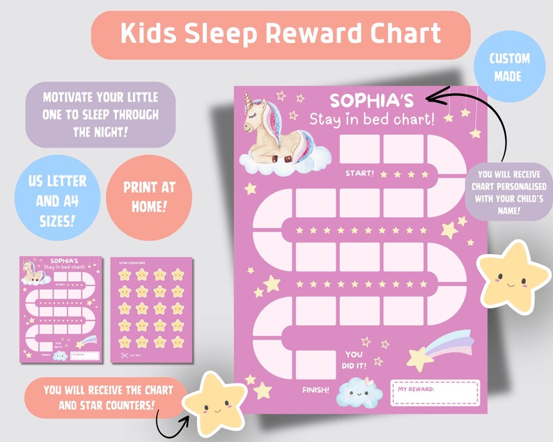 Printable Kids Sleep Reward Chart, Personalised Unicorn Sleeping Chart ...