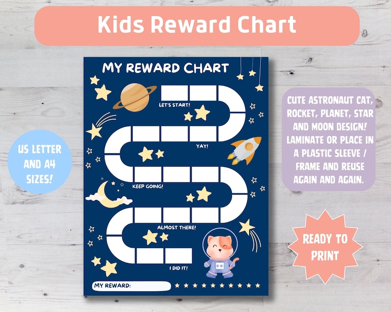 Printable Kids Reward Chart Cat Astronaut Planet Rocket Star - Etsy México