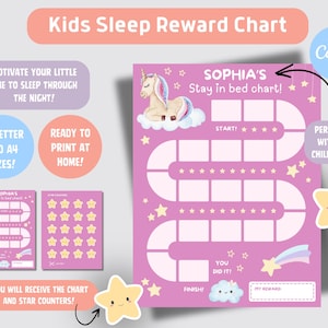 Pode incluir: Um gráfico de recompensa do sono infantil rosa com uma ilustração de unicórnio, gráficos de estrelas e o texto "SOPHIA'S Stay in bed chart!". Inclui texto que diz "Motive seu filho a dormir a noite toda!" e "Tamanhos US Letter e A4!"