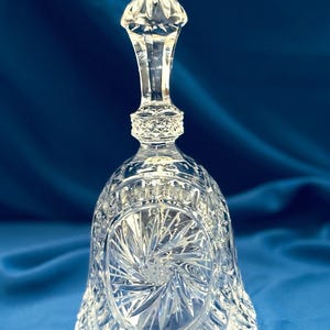 Vintage Crystal Bell - Hand Cut Clear Glass Bell with Floral Starburst Pattern, 7 inch tall, Elegant Sparkling Table Decor or Gift
