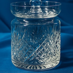 Vintage Cut Crystal Lidded Jar/Heavy Clear Glass Canister/ Diamond Pattern Candy Dish/Vanity Jar/ Starburst Base/5 inches tall
