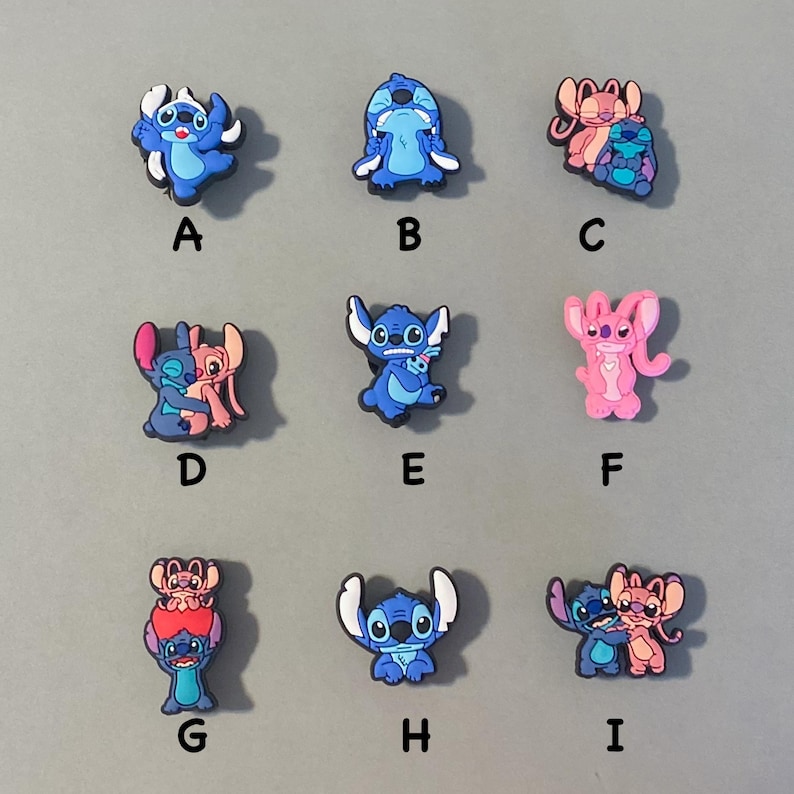 May include: Nine different Stitch character charms, each featuring a different pose or expression. The charms are made of blue, pink, and white rubber and are perfect for adding a touch of Disney magic to your belongings.