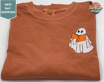 Embroidered Fall Ghost Book Shirt, Ghost Reading Book T-Shirt, Embroidered Spooky Season Tee, Cute Ghost Crewneck Shirt