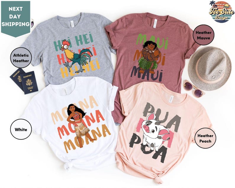 four t-shirts with different designs, including characters from the Disney movie "Moana" and a person wearing a hat.