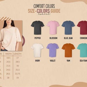 The image is a size-color guide for t-shirts, displaying various t-shirt designs and their corresponding sizes and colors.