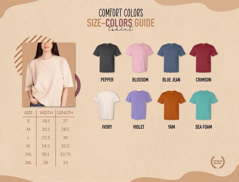 The image is a size-color guide for t-shirts, displaying various t-shirt designs and their corresponding sizes and colors.