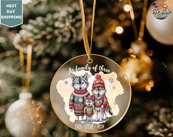First Christmas Family of Three Ornament, Custom Name Personalized Gift, Wolf Family Ornament, Holiday Keepsake, Personalized Christmas