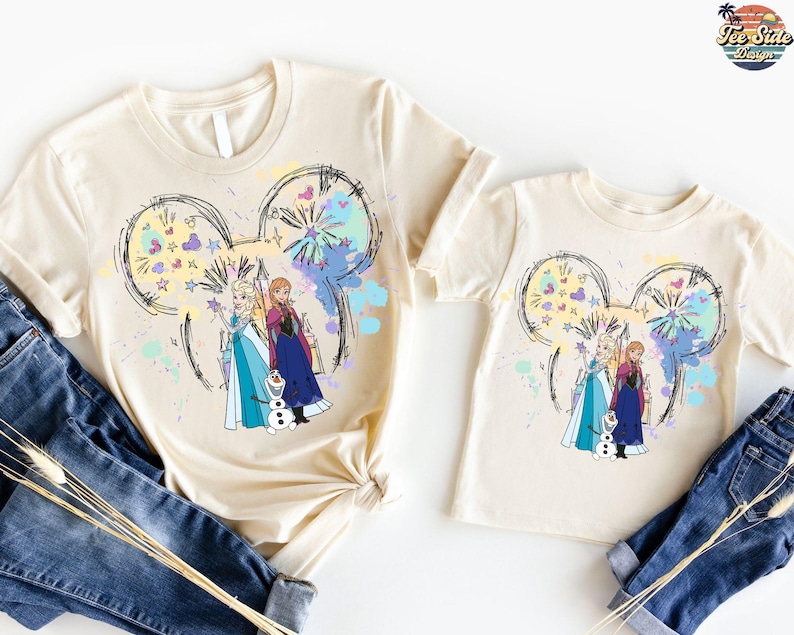 Camiseta de acuarela de Elsa y Anna, camiseta a juego de las hermanas Frozen, camiseta de las hermanas, camiseta de la película Frozen, camiseta de las princesas Elsa y Anna imagen 1