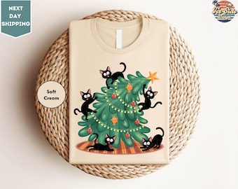 Kerstboom en kat T-shirt, schattig kerstshirt, kerstcadeau voor kattenbezitters, kerstshirt voor kattenliefhebbers, kerstboomshirt