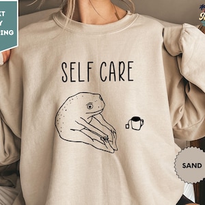Self Care Sweatshirt , Funny Frog Self Care, Yoga Sweatshirt, Funny Trending Gift, Gift For Her image 1