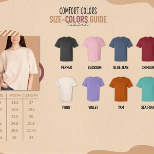 The image is a size-color guide for t-shirts, displaying various t-shirt designs and their corresponding sizes and colors.