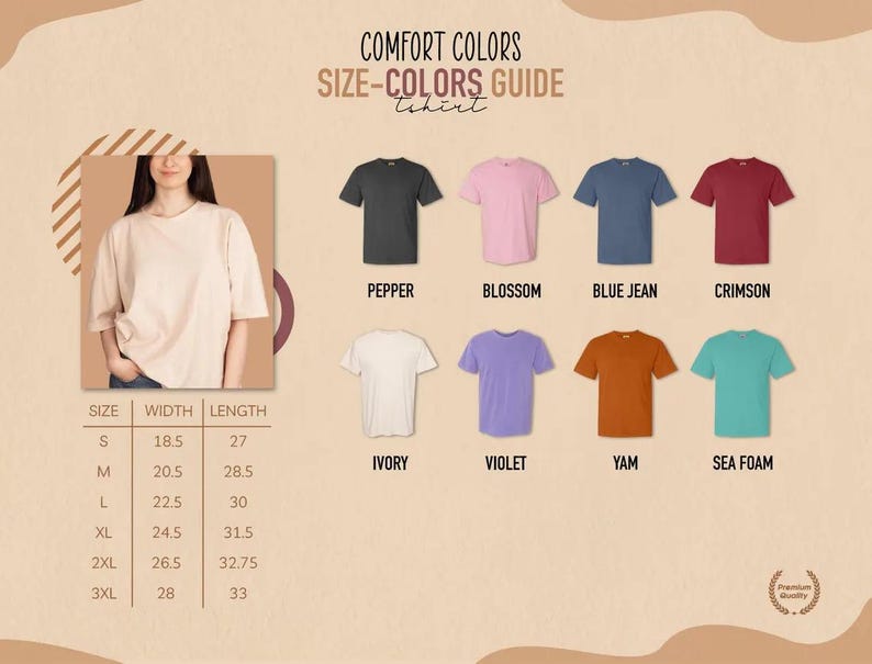 The image is a size-color guide for t-shirts, displaying various t-shirt designs and their corresponding sizes and colors.