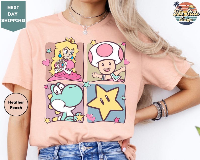 a pink tshirt with mario and friends on it