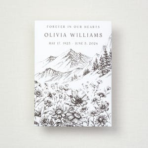 May include: Black and white illustration of a mountain range with a field of flowers at the base. The text "FOREVER IN OUR HEARTS" is at the top of the image, followed by "OLIVIA WILLIAMS" and "MAY 17, 1923 - JUNE 5, 2024".