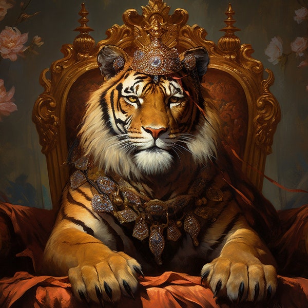 Tiger King Wall Art High Quality Digital Download: Crowned Tiger on Throne, Tiger Painting, Tiger Decor, Unique Tiger Gift, Home Decor