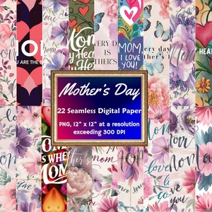 Puede incluir: Un paquete de papel digital con 22 patrones sin costuras que presentan flores de acuarela, corazones, mariposas y texto que dice "Mamá" y "Día de la Madre". Los patrones están en tonos de rosa, morado, verde y azul. El papel digital mide 30,48 cm por 30,48 cm y tiene una resolución superior a 300 DPI.