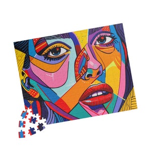 Vibrant Pop Art Puzzle: Abstract Portrait with Bold Geometric Features