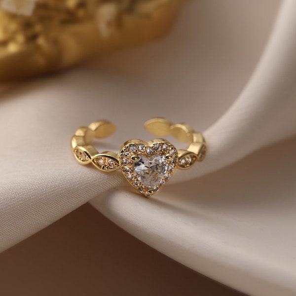 Heart Shape 18K Gold Plated Zircon Open Ring ,Women’s Jewelry,Ring,Fashion Jewelry,Gift For Her