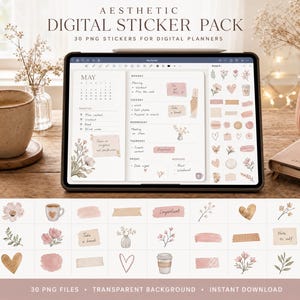 Aesthetic Digital Sticker Pack for GoodNotes, 30 PNG Stickers, Digital Planner Stickers, iPad Stickers