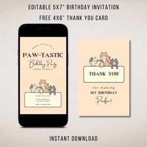 Paw-Tastic Verjaardagsuitnodiging, GRATIS Bedankkaart, Katten Verjaardagskaart, Bewerkbare uitnodiging, Afdrukbare uitnodiging, Digitale INSTANT Download