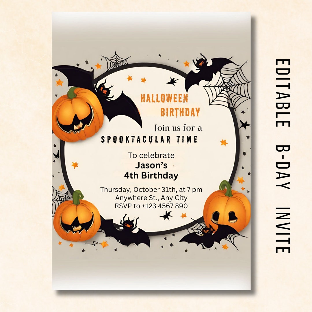 Halloween Birthday Invitation, Bat Birthday Invitation, Spooktacular Pumpkin Bat Spooky Birthday