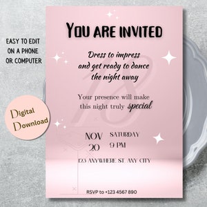 Carte d’INVITATION du 18e ANNIVERSAIRE, Invitation d’anniversaire rose 18, Modèle modifiable, Fille du 18e anniversaire, Conception d’invitation personnalisée, Téléchargement numérique