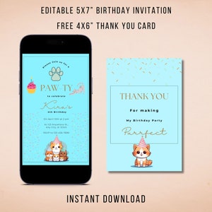PAW-TY verjaardagsuitnodiging, bewerkbare uitnodigingen, katten verjaardagskaart, GRATIS Bedankkaart, digitale printables, Instant Download, elke leeftijd