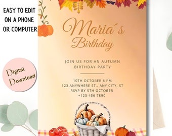 Autumn BIRTHDAY PARTY Invitation, Fall Birthday Invite, Editable Fall Invitation, Instant download, Fall Leaves, DIY Editable Template