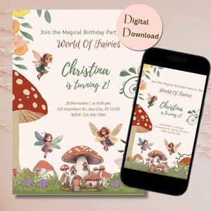 Convite de aniversário de fadas para meninas, convite de aniversário de fadas editável, modelo de convite de aniversário de cogumelos, jardim de fadas, download digital