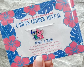 Recuerdos para invitados de baby shower con temática de Stitch y Angel para revelar el sexo del bebé, pulseras de los deseos para baby shower con temática de Stitch y Angel.