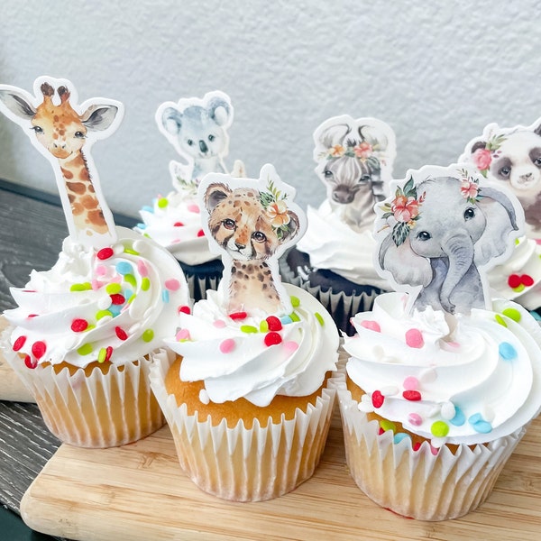 Safari Cupcake Toppers, Baby Shower, Party, Cupcake, Giraffe Zebra Elephant Tiger, Baby Shower Decorations, DOUBLE sided Safari Topper