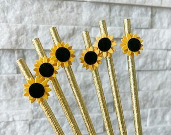 Sunflower Paper Straws, Sunflower Decor for Shower or Birthday Party, Sunflower Party Decor, Gold Sunflower Paper Straws
