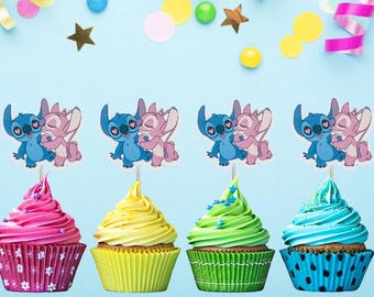 Stitch and Angel Cupcake Toppers – Lilo and Stitch Party Decorations | Blue and Pink Alien Cupcake Picks, Birthday Party Favors - SET OF 12