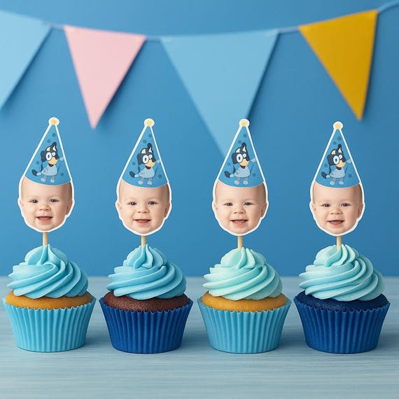 Bluey Birthday Cupcake Toppers with Baby Face – Custom Blue Party Decorations, Personalized Bluey-Themed Cake Picks- SET OF 12-