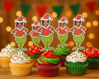 Topo de cupcake personalizado Grinch, cupcake de aniversário Grinch, tema Grinch - CONJUNTO DE 12 -