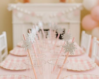 Snowflake Paper Straw, Pink Snowflake Straw Table Decor, Winter Snowflake Paper Straw, Winter ONEderland - Set of 12