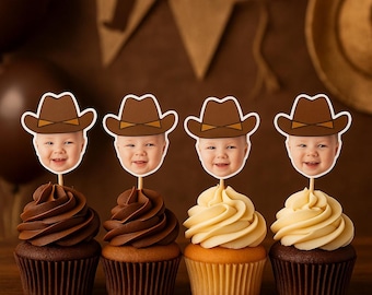 Cowboy Face Cupcakes Toppers, Rodeo Cupcake Toppers with Custom Face
