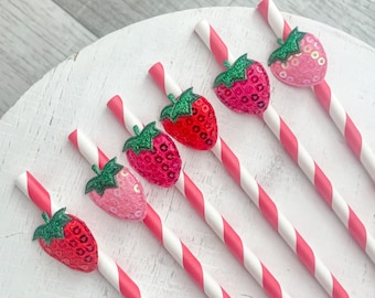 Canudos de papel de morango, decoração de chá de bebê de morango, decoração de aniversário de morango, decoração de festa de morango vermelho CONJUNTO DE 12
