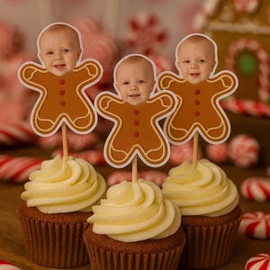 Personalized Gingerbread Baby Cupcake Toppers – Custom Baby Face Christmas Cupcake Decorations, Funny Holiday Party Favor - SET OF 12 -